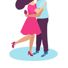 illustration of a girlfriend and boyfriend in love cuddling while standing on the shoulders. guy holds a rose in his hands. to valentine's day. flat style for design, greeting card. vector