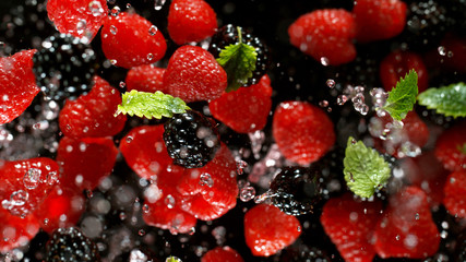 Freeze motion of flying group of berries fruit