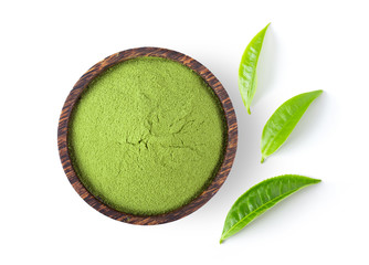 powdered matcha green tea in bowl and leaf isolated on white background. top view