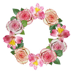 Beautiful floral circle of pink roses and alstroemeria. Isolated