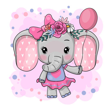 Cute Cartoon Elephant with flowers on a white background