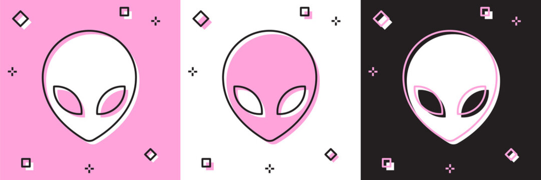 Set Alien icon isolated on pink and white, black background. Extraterrestrial alien face or head symbol. Vector Illustration
