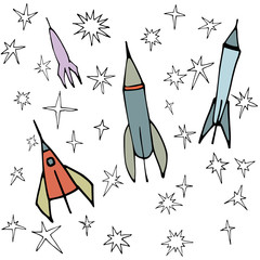 multicolored space rockets flying between stars, black contour lines, color vector illustration isolated on white background in doodle & hand drawn style