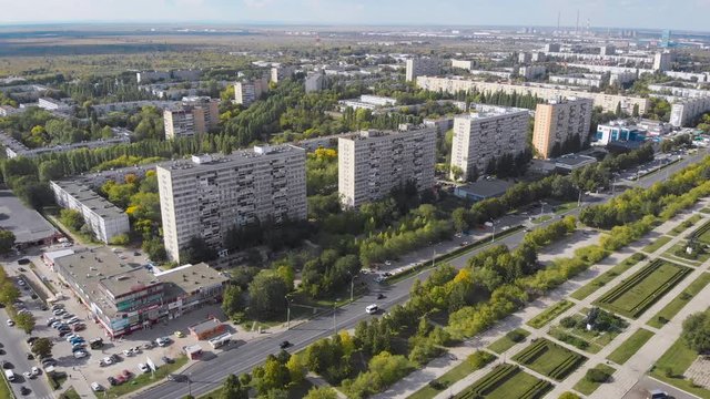 Aerial view. The city is a garden designed during the time of socialism. Large spaces and magnificent avenues, panel boxes of doi and lots of greenery. Tolyatti in the Samara region.