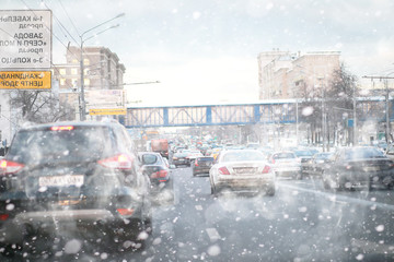 Traffic jam from cars in the city. Streets at rush hour.