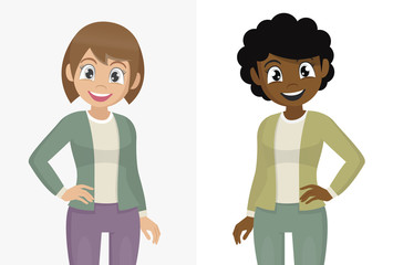 Cartoon character Poses, Smiling beautiful young woman in casual dress posing with hand on hip. Woman looking confident.