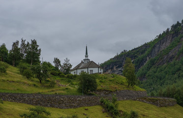 Fototapeta na wymiar Geiranger Church - Geiranger, Norway. July 2019