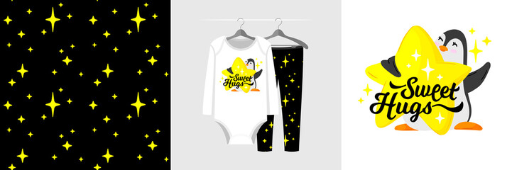 Seamless pattern and illustration for kid with penguin and star, text Sweet Hugs