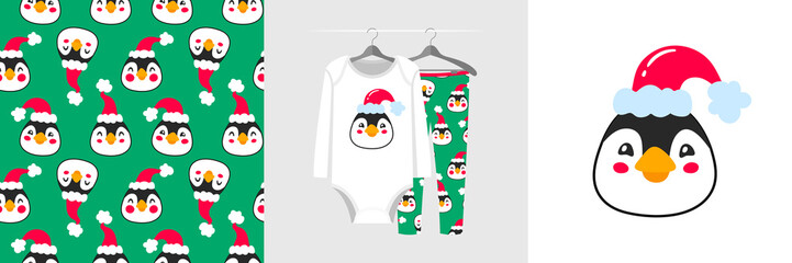 Seamless Christmas pattern and illustration for kid with penguin