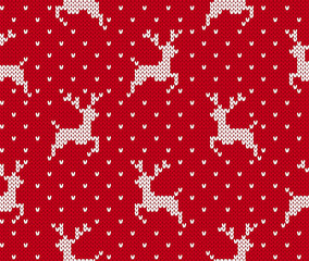 Knitted christmas pattern. Red seamless print. Vector illustration.
