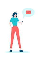 Young woman holding a smartphone and reading an e-mail, isolated on white vector flat style illustration