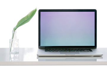 Mockup laptop with blank screen and houseplant on white top table, copy space and blank screen for text or graphic design.