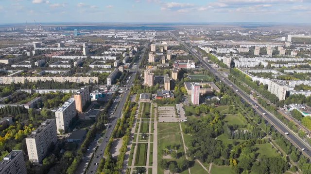 Aerial view. The city is a garden designed during the time of socialism. Large spaces and magnificent avenues, panel boxes of doi and lots of greenery. Tolyatti in the Samara region.