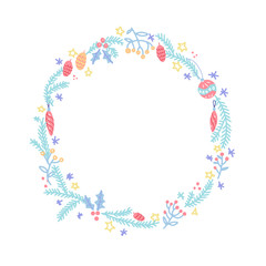 Merry Christmas Wreath. Xmas background with round frame with holiday elements in color. Element for the design of postcards, posters, invitations. Vector hand drawn illustration.