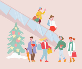 People, men and women in Shopping Mall preparing for Xmas and New Year Holidays and holding bags and boxes with presents. Christmas shopping and holiday celebrations spirit. Flat vector illustration.