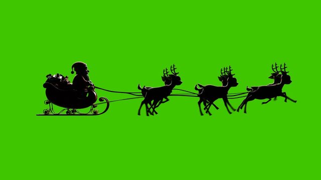 Santa Claus on a Reindeer Sleigh Flying on a Green Background, Two Beautiful 3d Animations, Second with Contour Light for the Night Flight. Seamless Looping, 4k