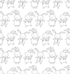 Seamless pattern with cute rabbit in vector. artoon little bunny. Vintage hand drawn. Kawaii funny animal. Happy character. Children s holiday background. Black and white art line.