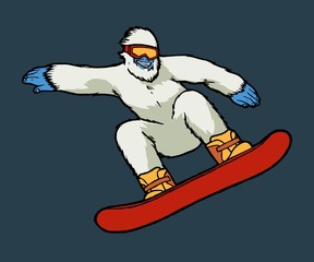 Bigfoot snowboarding. Yeti riding snowboard. Winter sports vector character illustration.