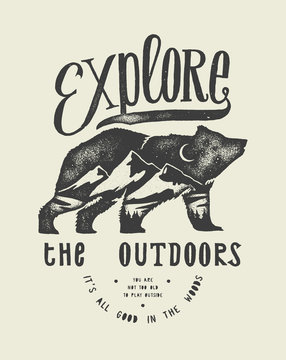 Hiking T-shirt Print With Grizzly Bear And Mountains - Explore The Outdoors