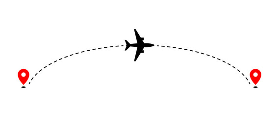 Airplane track to point with dashed line way on white background