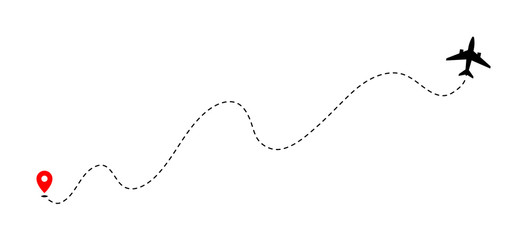 Airplane track to point with dashed line way on white background