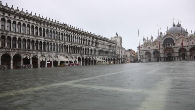 Basilica of Saint Mark in Main Square of Venice Island with water during the flood