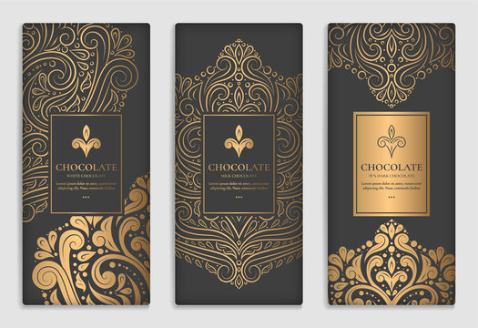 Black and gold luxury packaging design of chocolate bars. Vintage vector ornament template. elegant, classic elements. Can be used for background, wallpaper or any desired idea.