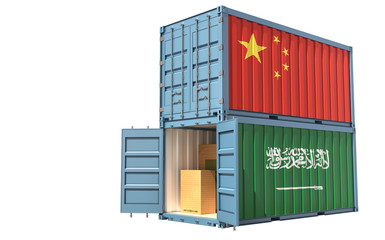 Two freight container with Saudi Arabia and China flag. 3d rendering 