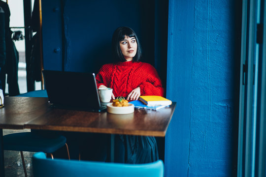 Contemplative Hipster Girl Enjoying Remote Work And Lunch With Dessert At Cozy Cafeteria, Pondering Woman Looking Aside Sitting At Cafe Table With Literature And Modern Laptop Device For Autodidact