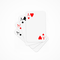 Set of four aces playing cards suits stacked on each other. Winning poker hand.