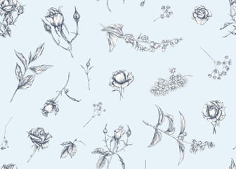 Roses and spring flowers seamless pattern. Graphic drawing, engraving style. Vector illustration.