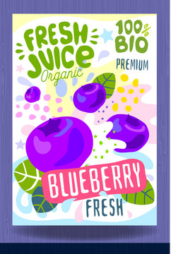 Abstract splash Food label template. Colorful brush stroke. Fruits, spices, vegetables package design. Blueberry, berry, berries. Organic, fresh Drawing vector illustration