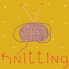 Winter  card  with hand drawn cartoon ball of yarn and needles. Christmas and  New Year mood. Cute hand drawn  vector  print for poster, postcard ,t-short and ect.