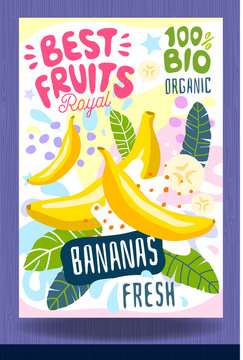 Abstract splash Food label template. Colorful brush stroke. Fruits, spices, vegetables package design. Banana, bananas, citrus, tropical. Organic fresh Drawing vector illustration