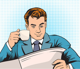Businessmen drink coffee Ready to read the newspaper.pop art comic style illustration.Separate images and backgrounds