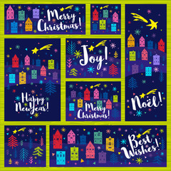 Happy New Year, Merry Christmas, Noel collection. Christmas tree colorful houses, snowflakes stars banners design, pattern, cover, greeting cards set. Hand drawn vector illustration