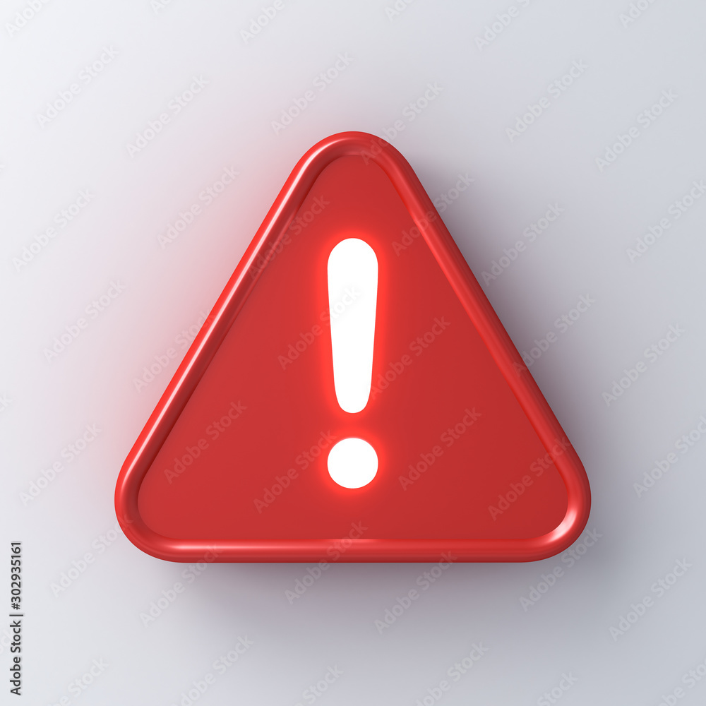 Leinwandbilder 3d red hazard warning attention sign with neon light exclamation mark symbol icon isolated on white 