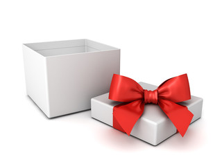 Blank open gift box or present box with red ribbon and bow isolated on white background with shadow 3D rendering