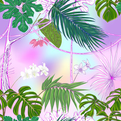 Fototapeta na wymiar Tropical plants and white orchid flowers. Seamless pattern, background. Colored vector illustration. In light ultra violet pastel colors on mesh pink, blue background