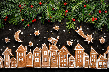 Christmas background, Christmas gingerbread town, image created from gingerbread cookies houses,...