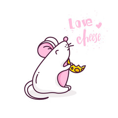 Greeting card with white rat and piece of cheese on white background. Thin line flat design. Vector.