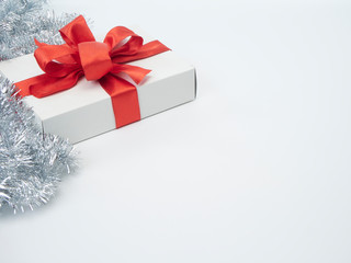 Gift boxes with red ribbon. Happy New Year 2020
