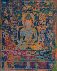 Ancient Buddha mandala with textured and grunge painted overlays for a modern contemporary style. 