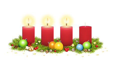 3. Advent,  Adventsgesteck, Advent Karte mit Kerzen, Tannenzweige, Sterne, Ilex Beeren, Lebkuchen, Glöckchen und Weihnachtskugeln, Vektor Illustration isoliert auf weißem Hintergrund