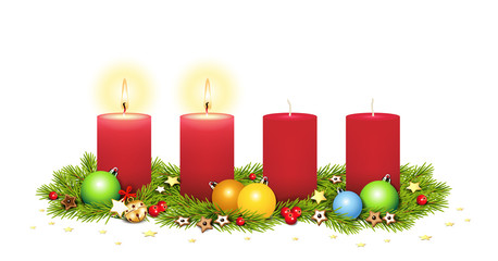 2. Advent,  Adventsgesteck, Advent Karte mit Kerzen, Tannenzweige, Sterne, Ilex Beeren, Lebkuchen, Glöckchen und Weihnachtskugeln, Vektor Illustration isoliert auf weißem Hintergrund