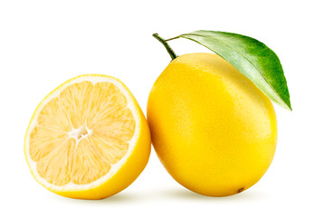 Ripe lemon with leaf and half on a white background. Isolated.
