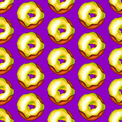 Pattern of colorful donuts on purple background. Sketch done in alcohol markers.