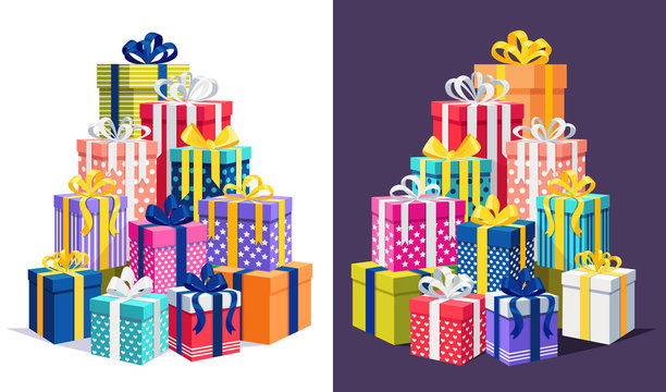 Big pile of gift box, present with ribbon, bow isolated on background. Stack of holiday presents. Christmas shopping concept. Surprise for anniversary, birthday, wedding. Vector cartoon design