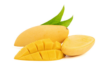 Mango fruit and green leaf and cut in cubes isolated on white background with clipping path