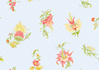 Fantasy flowers in retro, vintage, jacobean embroidery style. Seamless pattern, background. Colored vector illustration